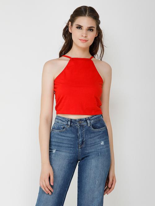women solid halter neck sleeveless crop top - 21711137 - Very Small Image - 1