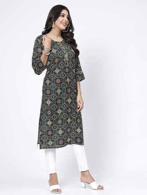 women geometric three quarter sleeves straight kurta - 21717765 - Very Small Image - 1