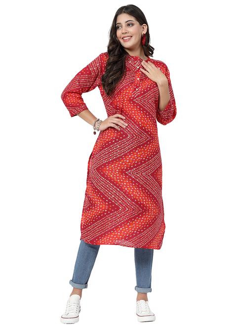 women mandarin neck bandhani printed straight kurta - 21717779 - Very Small Image - 1