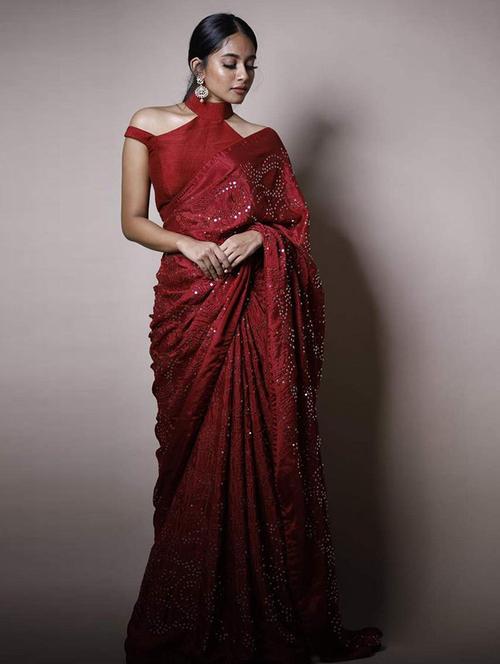 women maroon sequin work embroidered saree with blouse - 21722045 - Very Small Image - 1