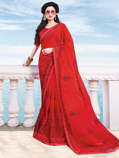 women red embroidered saree with blouse - 21723222 - Very Small Image - 1