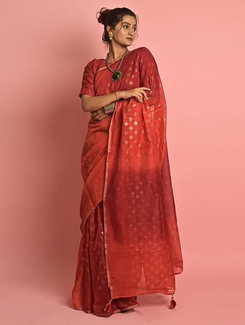 women rust self design handloom saree with blouse - 21723338 - Very Small Image - 1