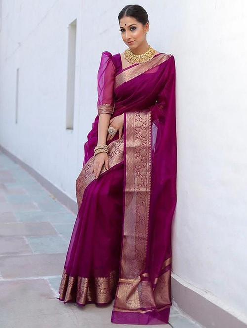 women purple solid zari bordered saree with blouse - 21723693 - Very Small Image - 1