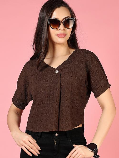 women solid collared hort sleeve crop top - 21725714 - Very Small Image - 1