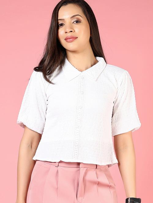 women solid collared short sleeve shirt top - 21725786 - Very Small Image - 1