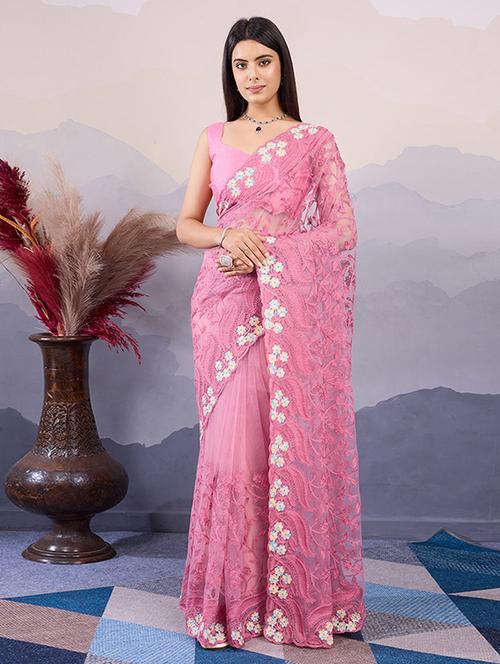 women pink embroidered saree with blouse - 21728402 - Very Small Image - 1