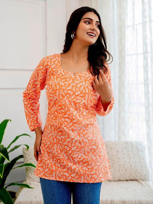 women orange printed long sleeve straight kurti - 21729867 - Very Small Image - 1
