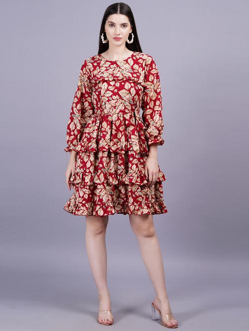 women printed puff sleeves layered dress - 21730878 - Very Small Image - 1