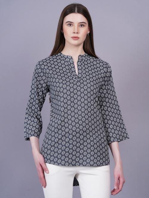 women mandarin neck printed high-low top - 21731167 - Very Small Image - 1