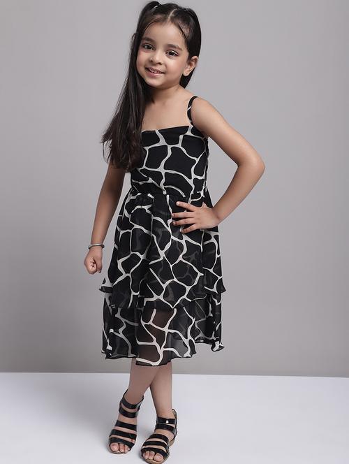 girls black printed shoulder strap layered dress - 21731784 - Very Small Image - 1