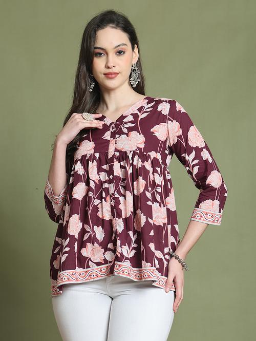 women floral printed v neck a-line top - 21737412 - Very Small Image - 1