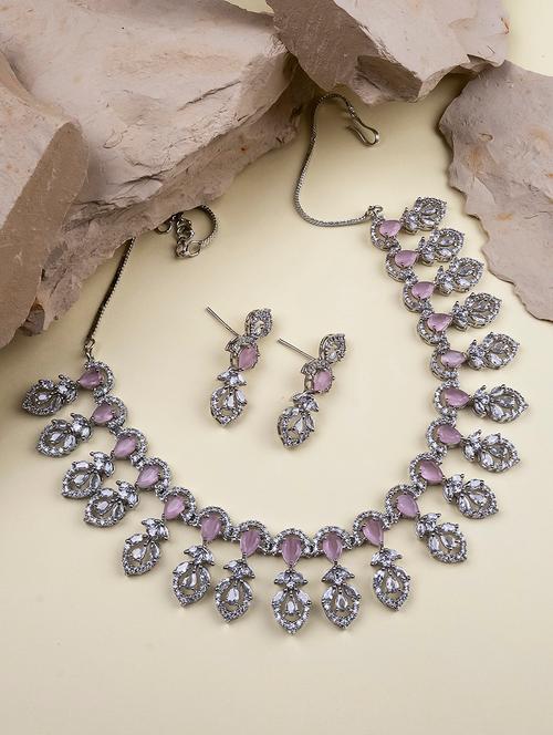 silver-plated american diamond necklace and earrings set - 21746858 - Very Small Image - 1