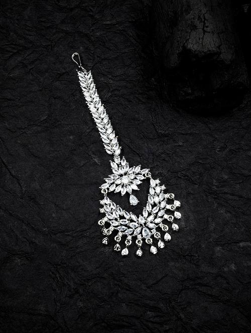 unique silver ad cz studded chandbali style maang tikka  - 21746873 - Very Small Image - 1