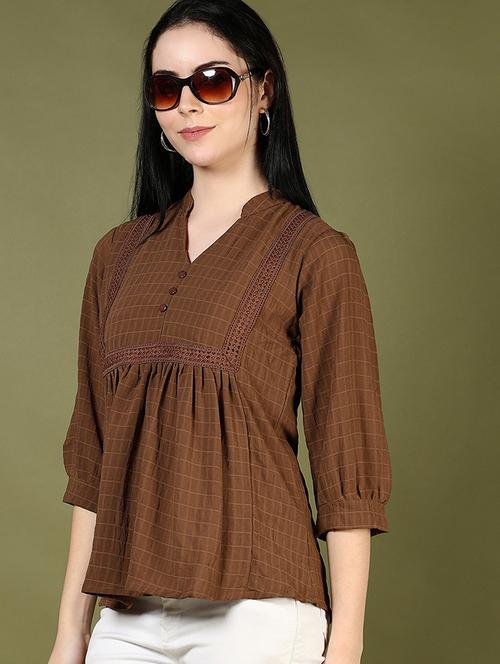 women brown checkered v neck top - 21747512 - Very Small Image - 1