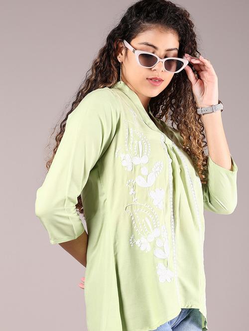women embroidered v-neck high low top - 21766491 - Very Small Image - 1