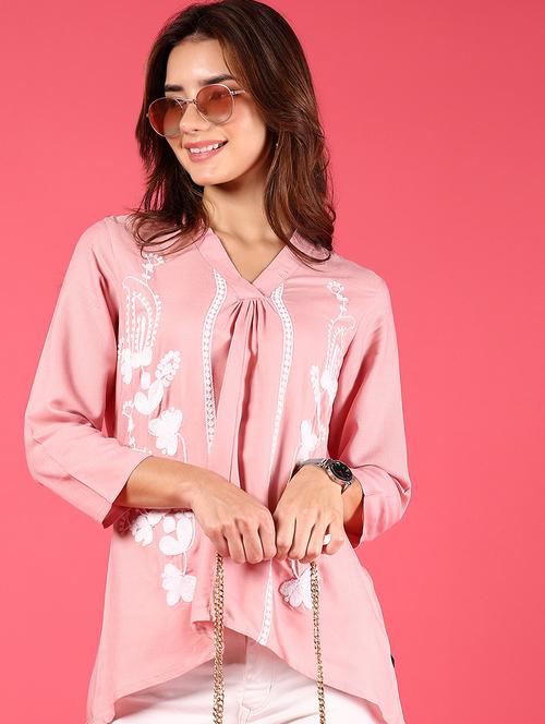 women embroidered v-neck high low top - 21766492 - Very Small Image - 1