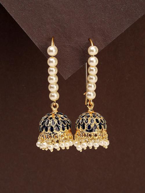 gold & navy blue jhumka earring - 21775336 - Very Small Image - 1