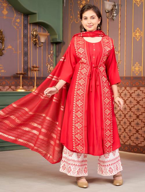 girls three quarter sleeve kurta palazzo with dupatta set - 21786436 - Very Small Image - 1