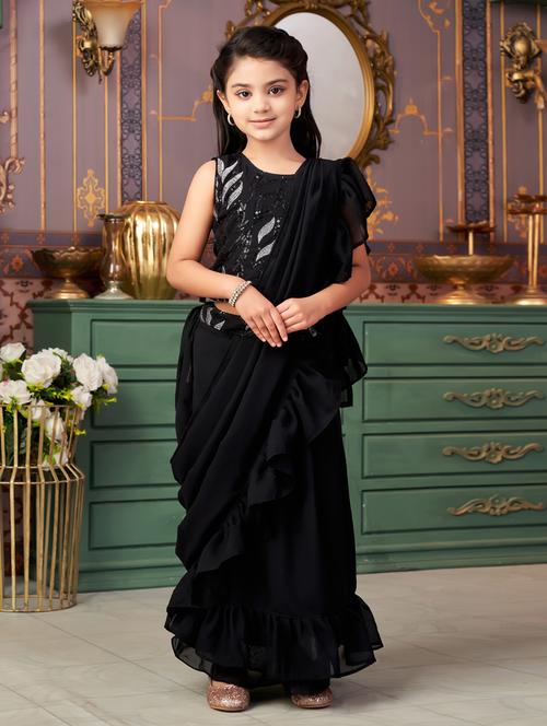 girls solid ready wear saree with embellished blouse - 21786564 - Very Small Image - 1
