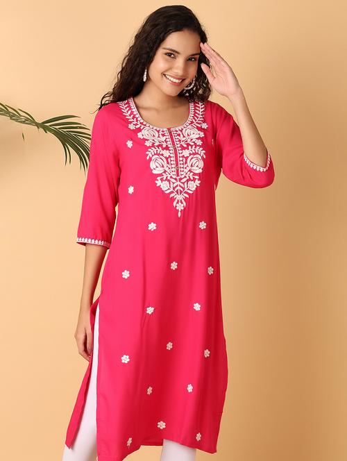 pink embroidered mandarin collar straight kurta - 21795125 - Very Small Image - 1