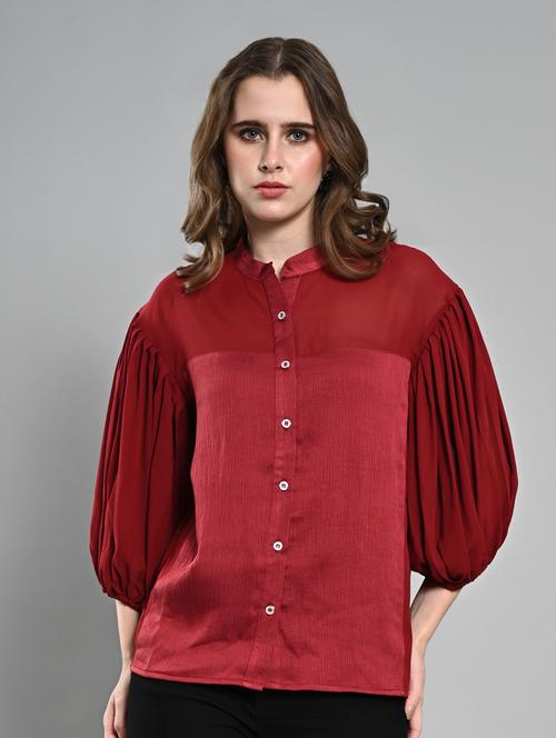 women mandarin neck puff sleeves shirt - 21840172 - Very Small Image - 1