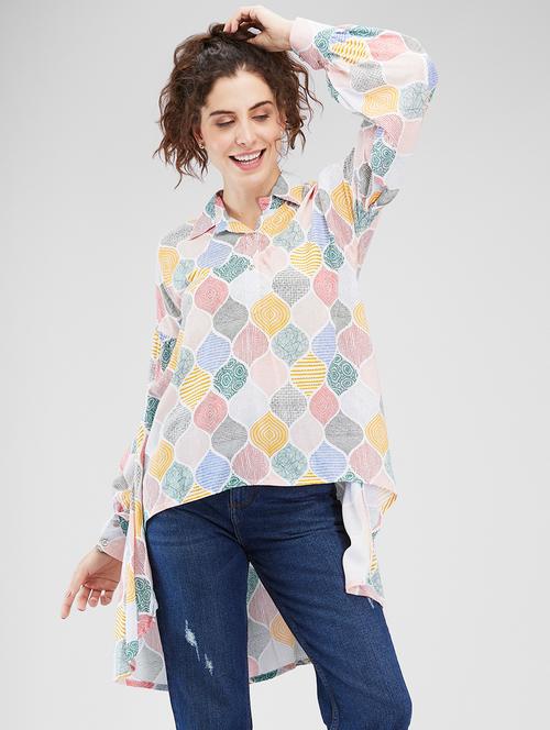 women printed puff sleeves high-low top - 21840188 - Very Small Image - 1