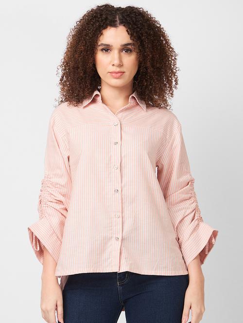 women striped ruched sleeves regular shirt - 21840189 - Very Small Image - 1