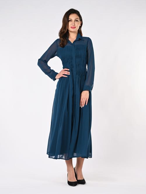 women solid collared long sleeves a-line dress - 21840336 - Very Small Image - 1