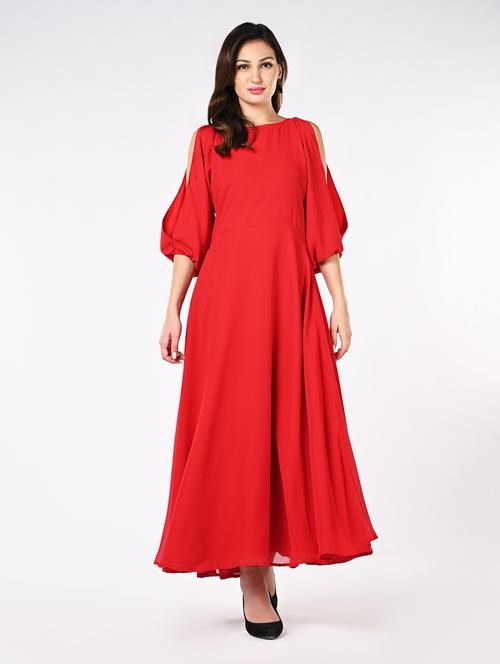 women solid slit sleeves fit & flare dress - 21840340 - Very Small Image - 1