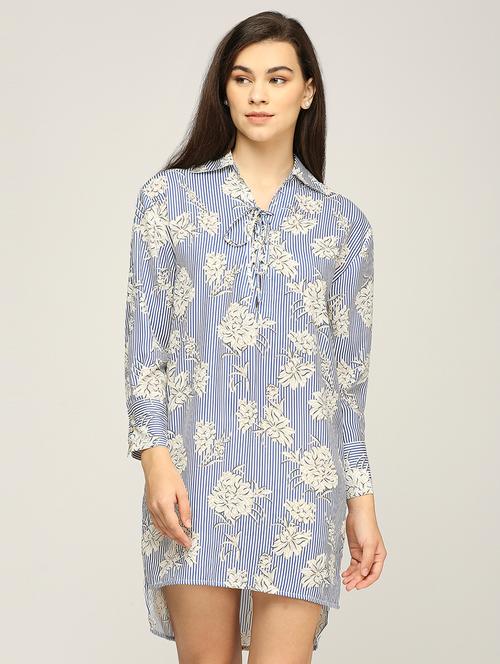 women striped long sleeves high low dress - 21840434 - Very Small Image - 1