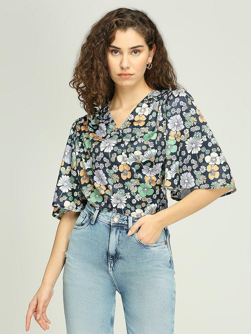 women floral print flared sleeves wrap crop top - 21840758 - Very Small Image - 1