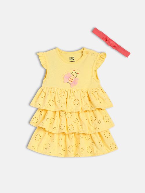 girls yellow self design round neck frock - 21841015 - Very Small Image - 1