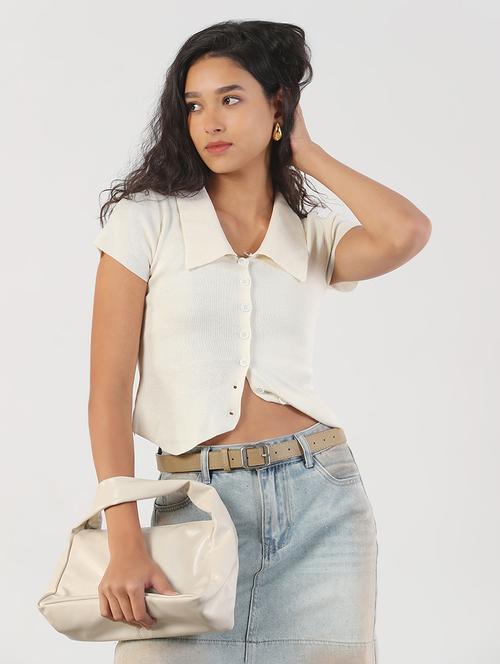 women solid collared short sleeves crop top - 21843046 - Very Small Image - 1