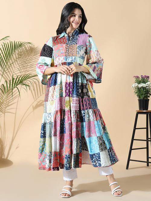women printed three quarter sleeve flared kurta - 21843130 - Very Small Image - 1