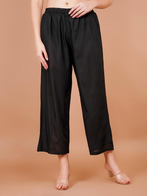 Women Black Solid Mid Rise Straight Palazzo - 21853675 - Very Small Image - 1