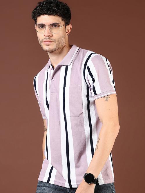 men mauve  striped short sleeve slim fit polo t-shirt - 21853891 - Very Small Image - 1