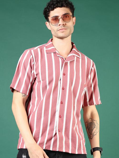 men peach stripes short sleeve regular fit casual shirt - 21854270 - Very Small Image - 1