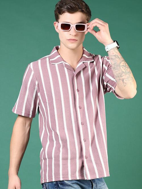 men mauve stripes short sleeve regular fit casual shirt - 21854273 - Very Small Image - 1