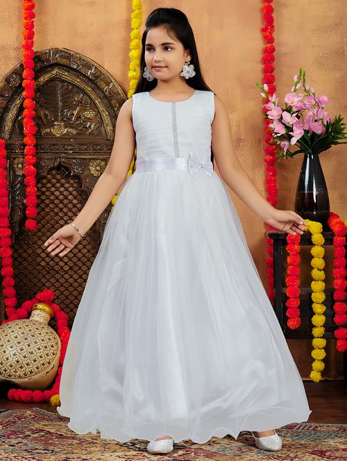 girls solid round neck embellished party gown - 21874759 - Very Small Image - 1