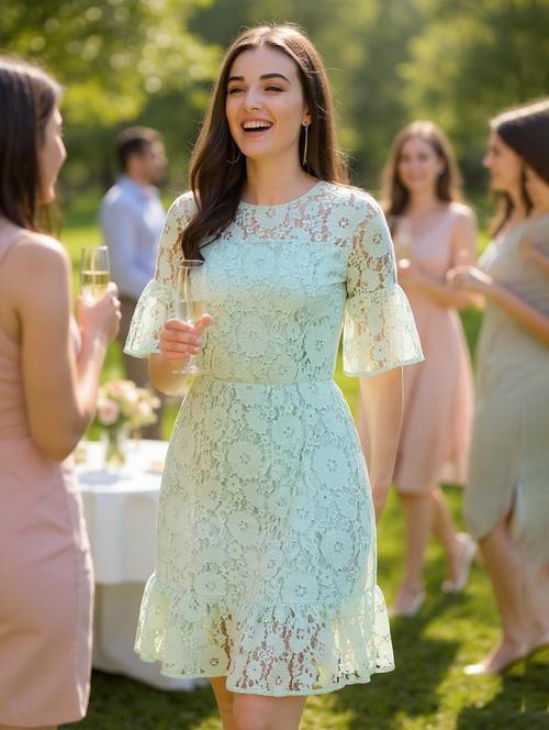 women solid lace detailed tiered dress - 21874770 - Very Small Image - 1