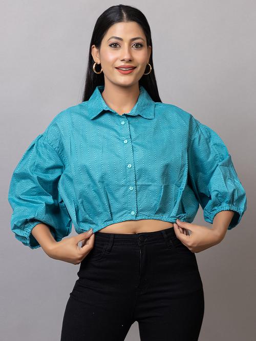 women chevron printed puff sleeves crop shirt - 21874782 - Very Small Image - 1