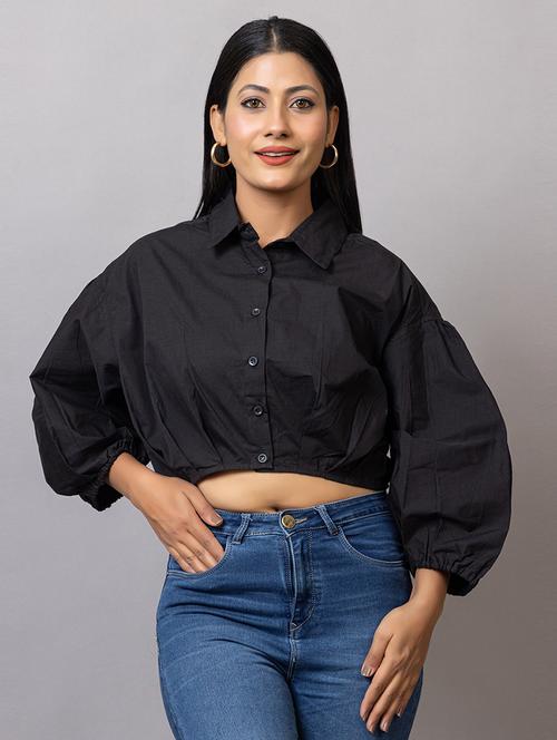 women solid puff sleeeves crop shirt - 21874786 - Very Small Image - 1