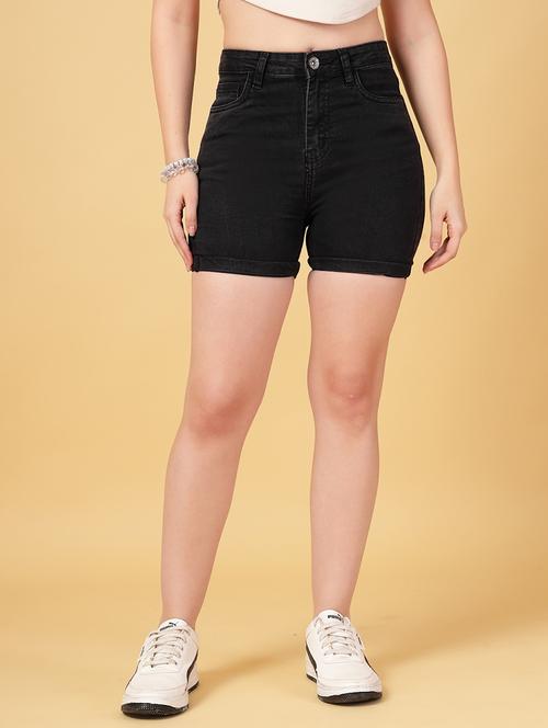 women solid high rise denim shorts - 21881542 - Very Small Image - 1