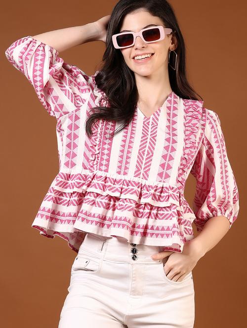 Women Printed Puff Sleeve Peplum Top - 21881908 - Very Small Image - 1