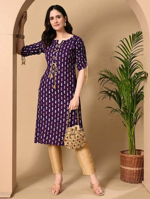 women purple printed notch neck straight kurta - 21899031 - Very Small Image - 1
