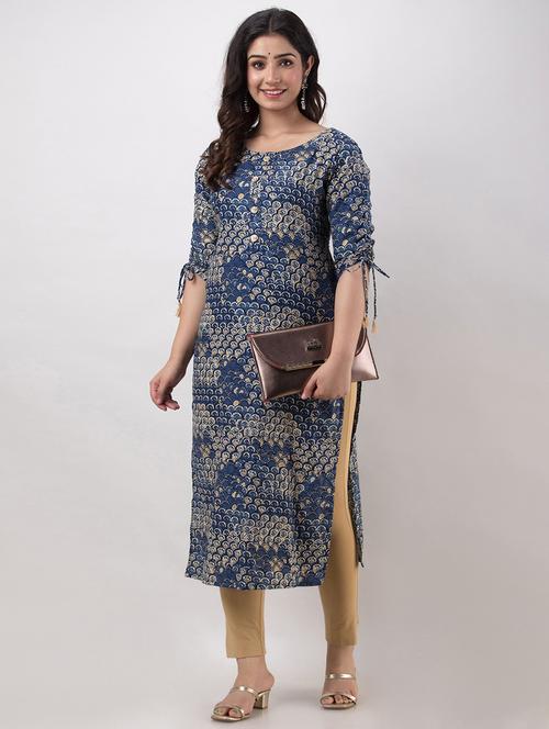 women blue three quarter sleeve straight kurta - 21899036 - Very Small Image - 1