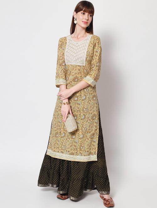 women yellow three quarter sleeve straight kurta - 21899041 - Very Small Image - 1