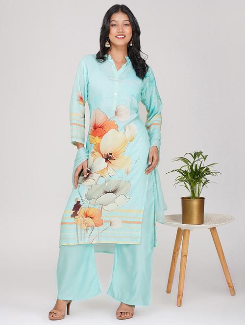 women three quarter sleeve kurta palazzo with dupatta set - 21901357 - Very Small Image - 1