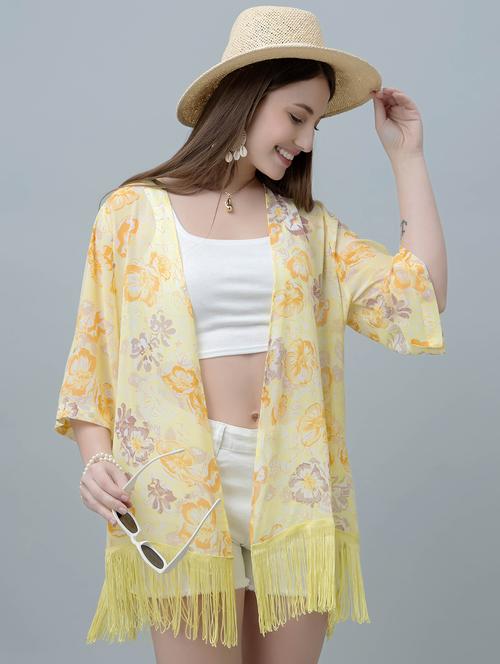 women floral printed fringed hem regular shrug - 21901577 - Very Small Image - 1