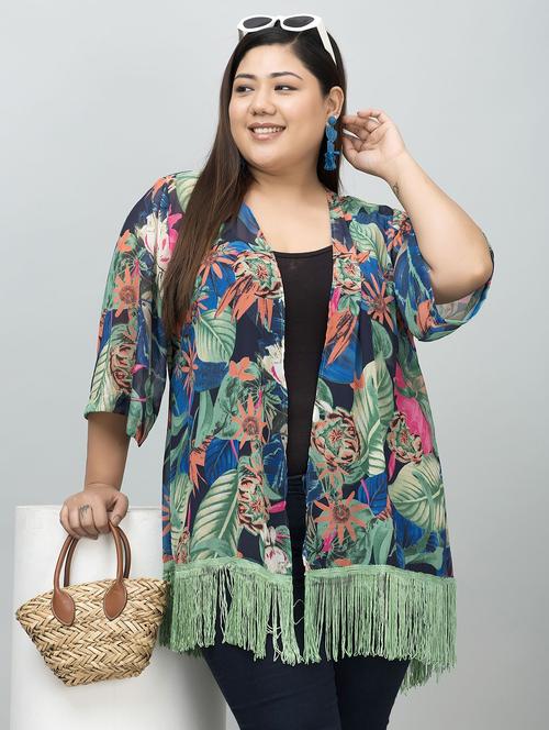 women plus size floral printed fringed hem shrug - 21901584 - Very Small Image - 1